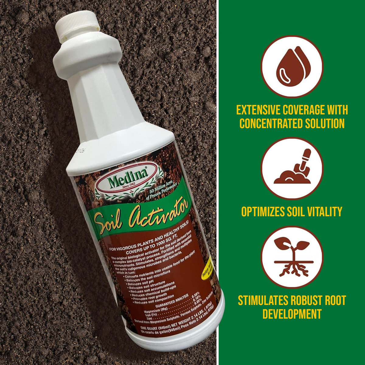 Medina Liquid Soil Activator root growth promotes stronger roots for indoor and outdoor plants