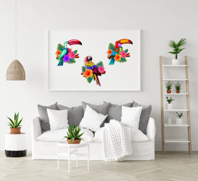 Meduofon hand-painted birds wall art with 3D design stands out as wall focal point.