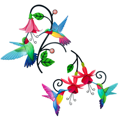 Meduofon hummingbird and flower wall art for outdoor patios, adds color to spaces.