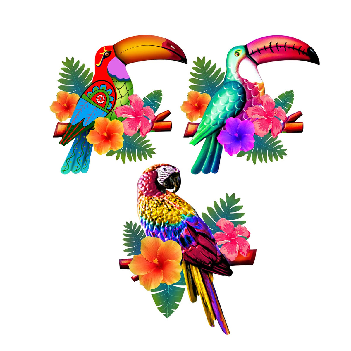 Meduofon parrot-toucan wall art collection brightens outdoor patio spaces.
