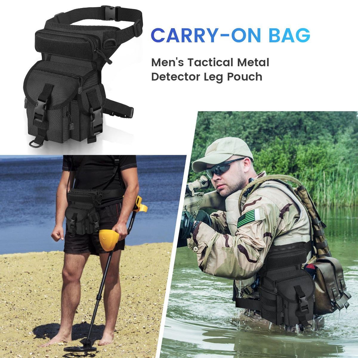 Meejaa metal detecting waist bag pocket layout highlighting six pockets for organization.