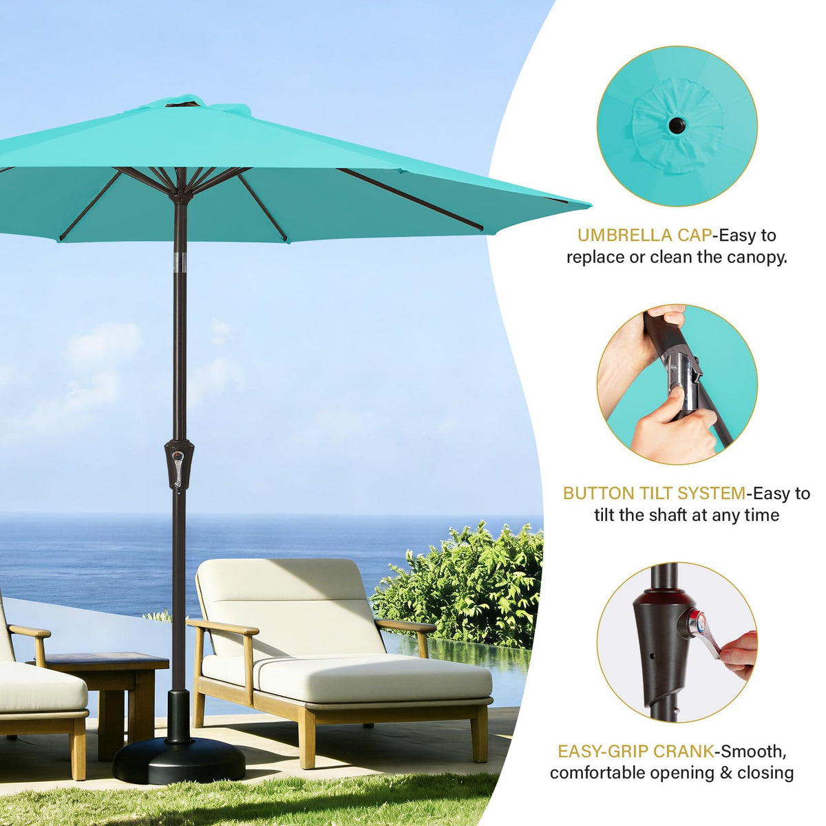 Durable polyester fabric resists fading on MEWAY teal patio umbrella.