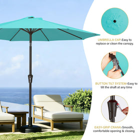 Durable polyester fabric resists fading on MEWAY teal patio umbrella.