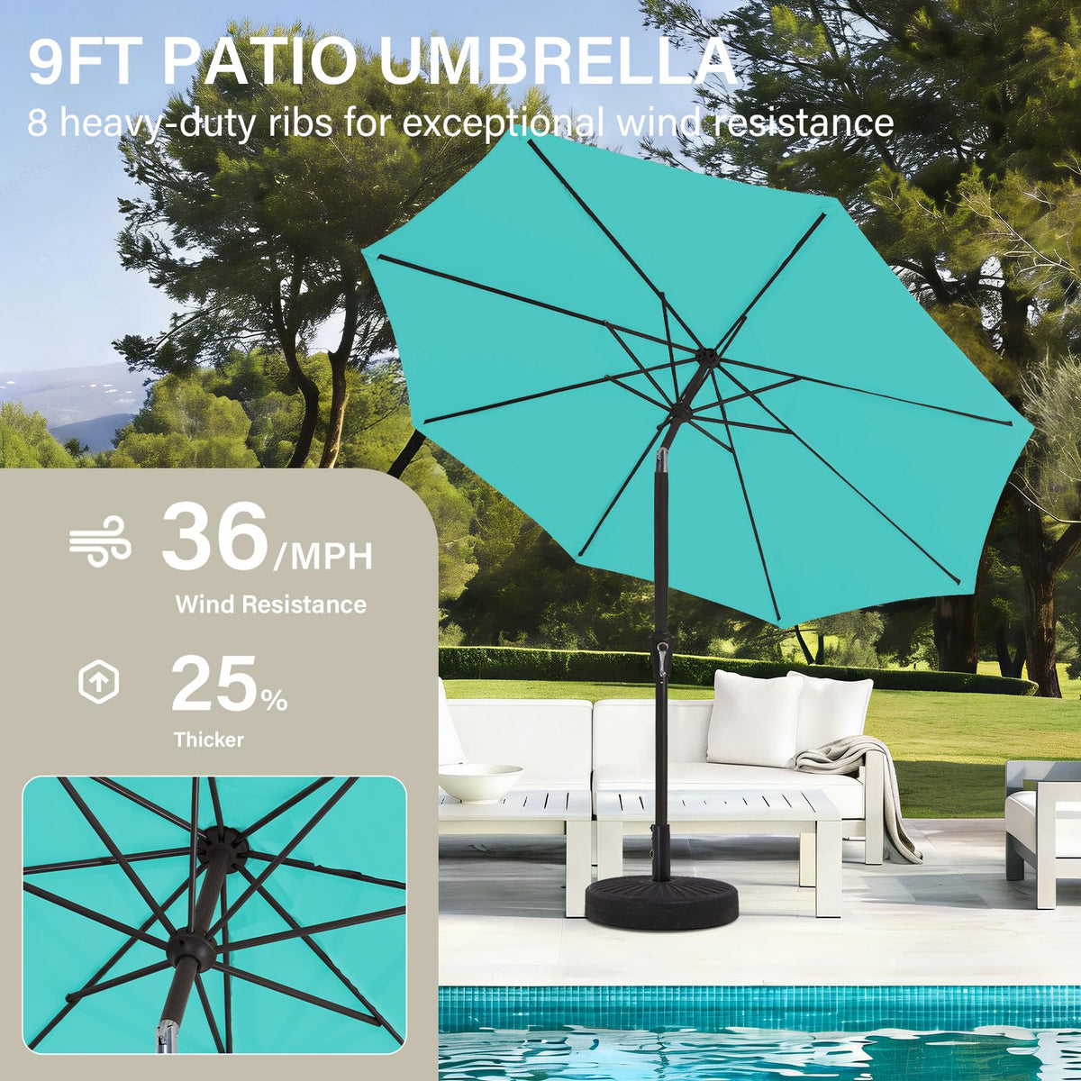 MEWAY teal umbrella with eight-rib iron pole and sturdy frame.