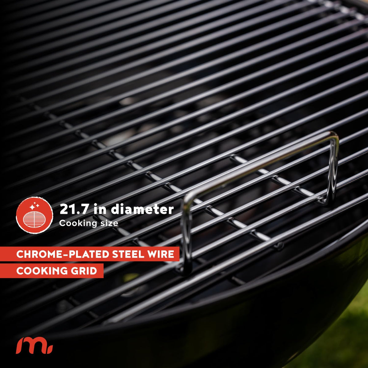 Megamaster 22in charcoal grill cooking area ready for burgers and veggies.