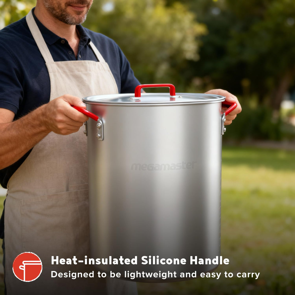 Megamaster aluminum fryer pot with even heat distribution for consistent cooking.