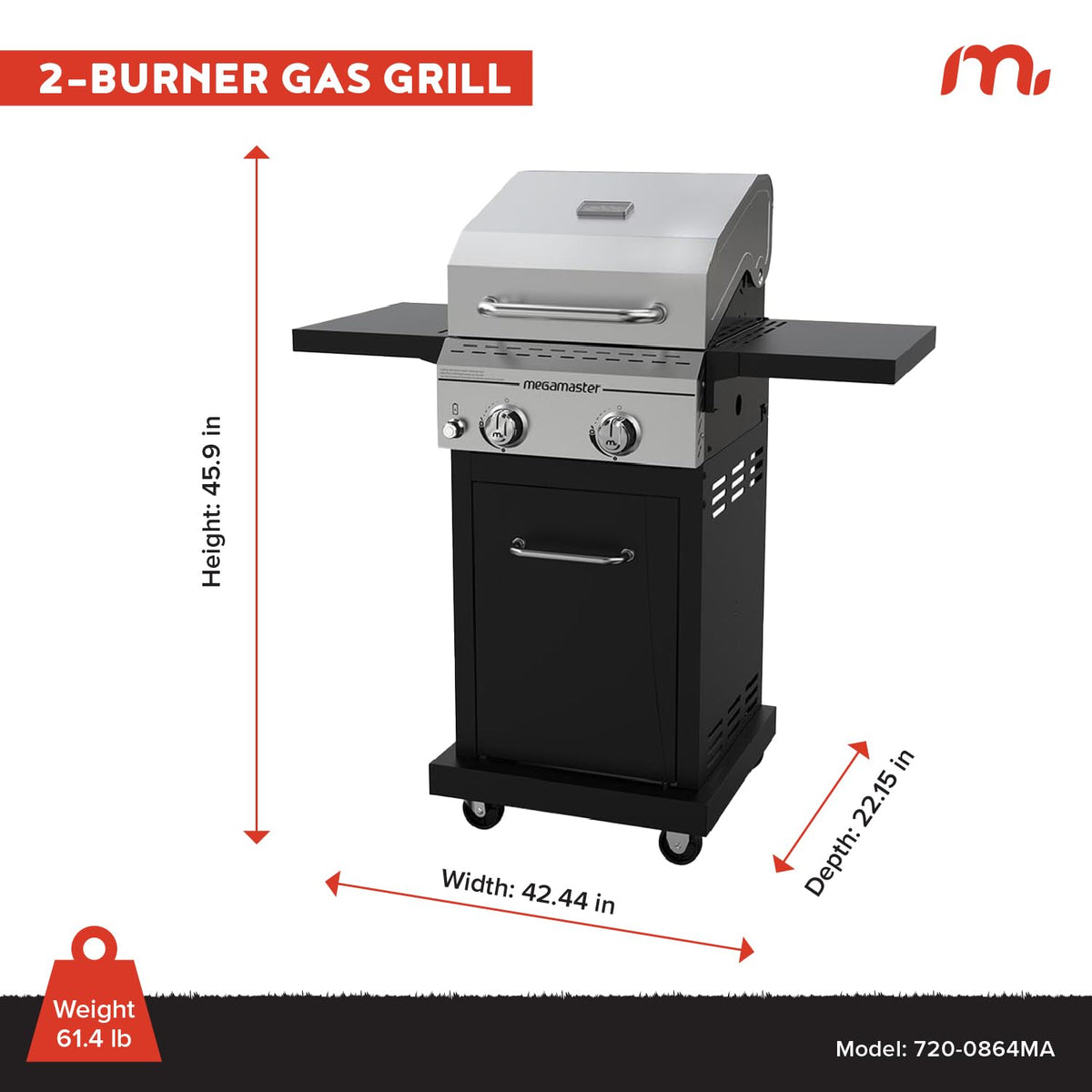 Megamaster Deluxe 2-Burner Grill 28,000 BTU heat output for quick searing and cooking