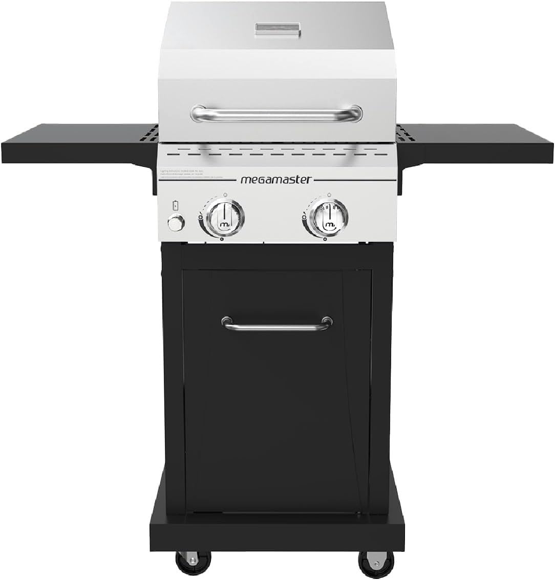 Megamaster Deluxe 2-Burner Grill front view showing stainless steel lid and overall design for outdoor cooking