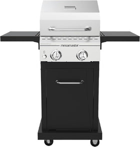 Megamaster Deluxe 2-Burner Grill front view showing stainless steel lid and overall design for outdoor cooking