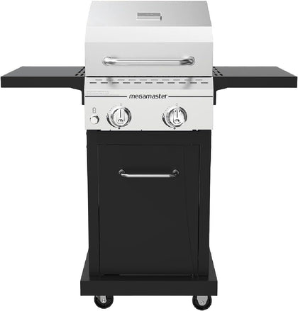 Megamaster Deluxe 2-Burner Grill front view showing stainless steel lid and overall design for outdoor cooking