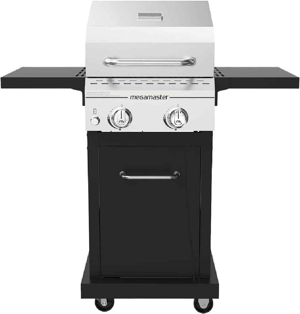 Megamaster Deluxe 2-Burner Grill front view showing stainless steel lid and overall design for outdoor cooking