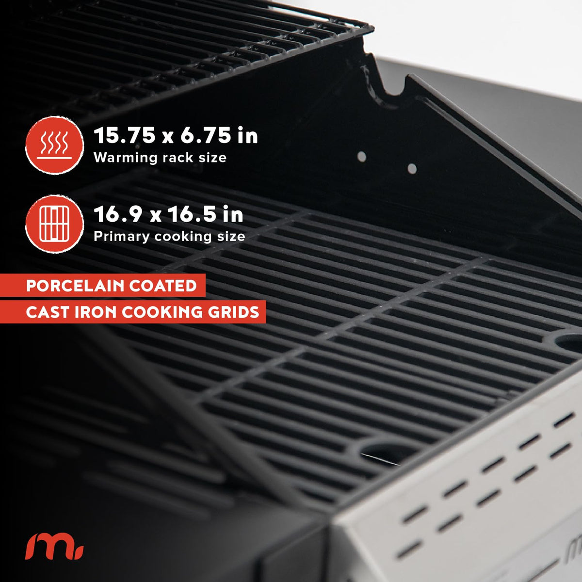 Megamaster Deluxe 2-Burner Grill porcelain-coated cast iron grates for even heat