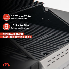 Megamaster Deluxe 2-Burner Grill porcelain-coated cast iron grates for even heat