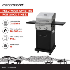 Megamaster Deluxe 2-Burner Grill with side tables folded to save space on a patio