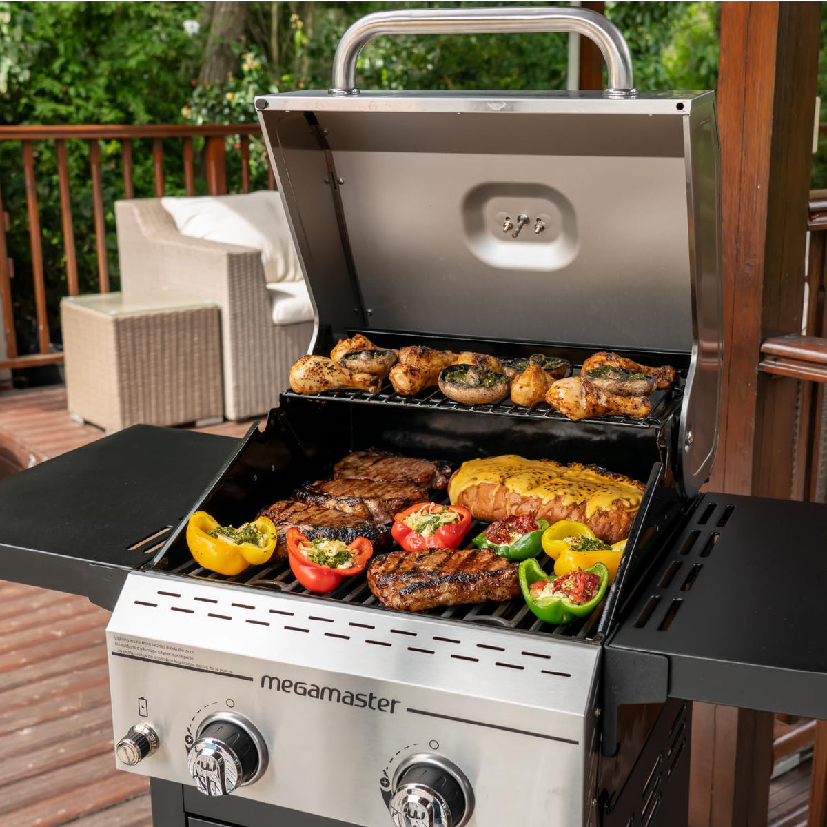 Megamaster Deluxe 2-Burner Grill stainless steel control panel and lid for durability