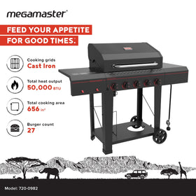 Megamaster side tables with grill provide extra prep space for sauces and seasonings.