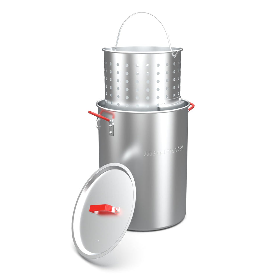 Megamaster turkey fryer pot with basket and lid for safe outdoor frying.