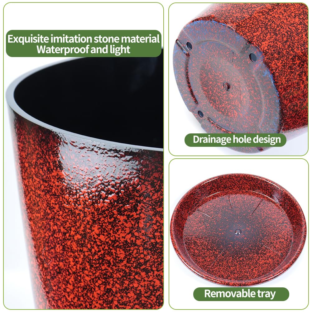 Megawodar red tall planter on outdoor deck with greenery