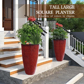 Megawodar red tall planter, side view with tapered silhouette