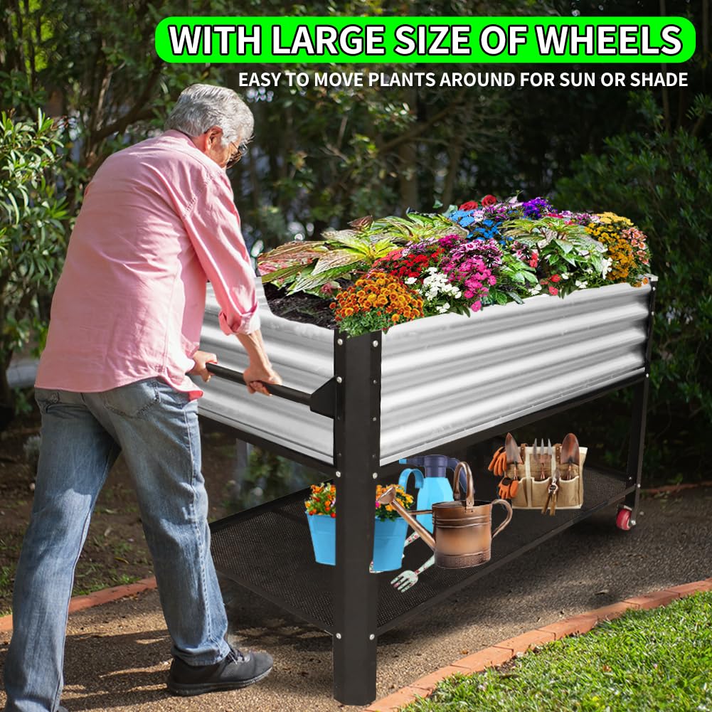 Megawodar planter with side handle and storage shelf.