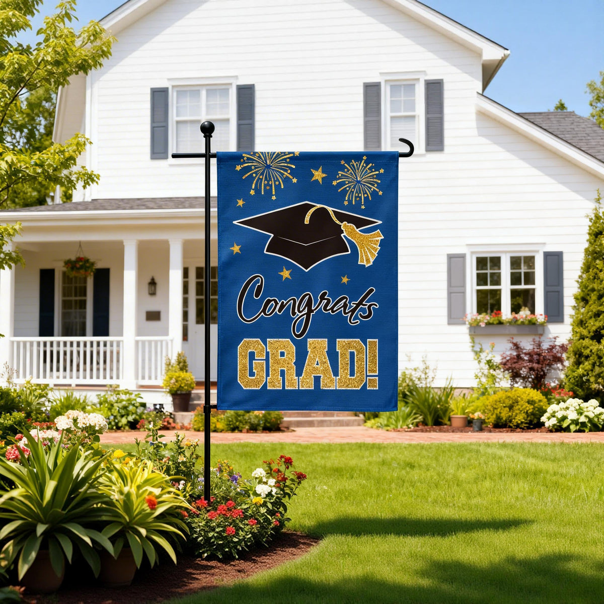 MEGLORT blue congrats grad flag back view with double-sided print for visibility.
