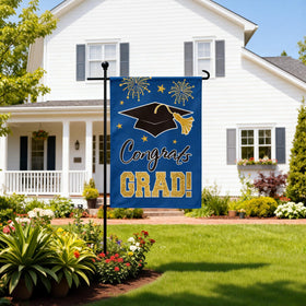 MEGLORT blue congrats grad flag back view with double-sided print for visibility.