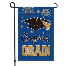 MEGLORT blue congrats grad flag front view shows bold text for outdoor yard decor.