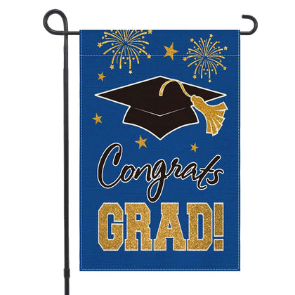 MEGLORT blue congrats grad flag front view shows bold text for outdoor yard decor.
