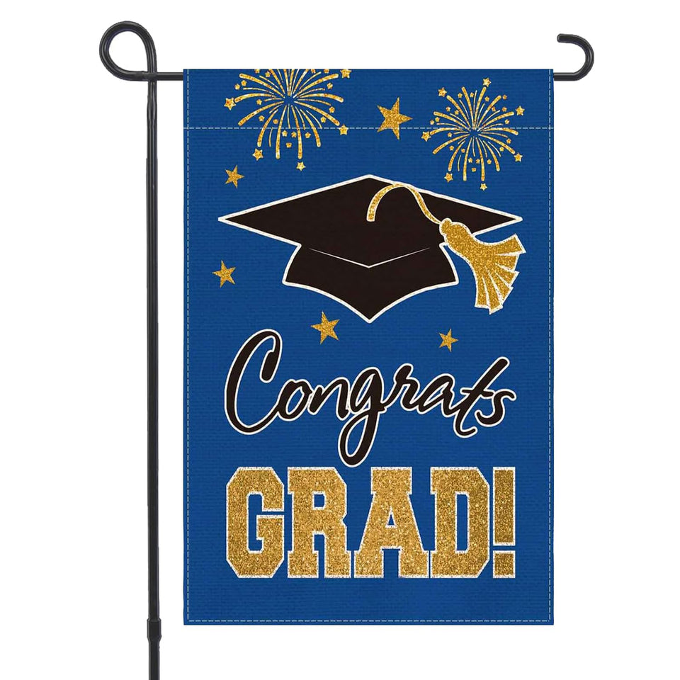 MEGLORT blue congrats grad flag front view shows bold text for outdoor yard decor.