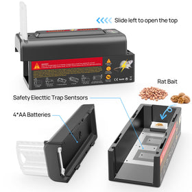 Meilen electric rat trap bait-area emphasizes easy baiting with pea-sized application.
