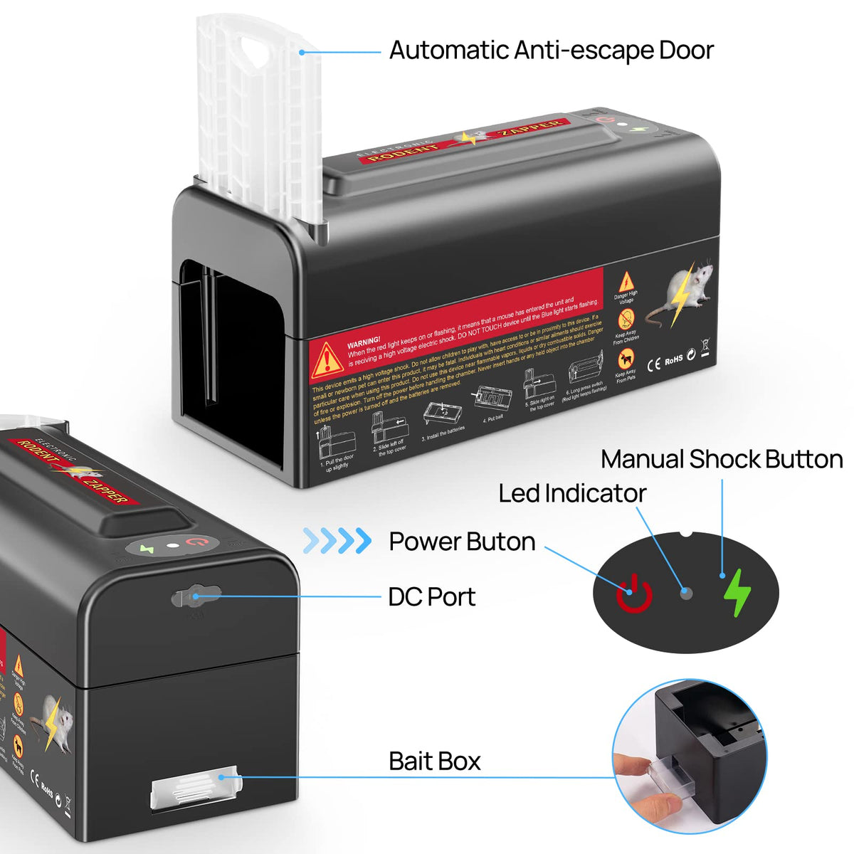 Meilen electric rat trap door-mechanism demonstrates automatic closing for secure trapping.