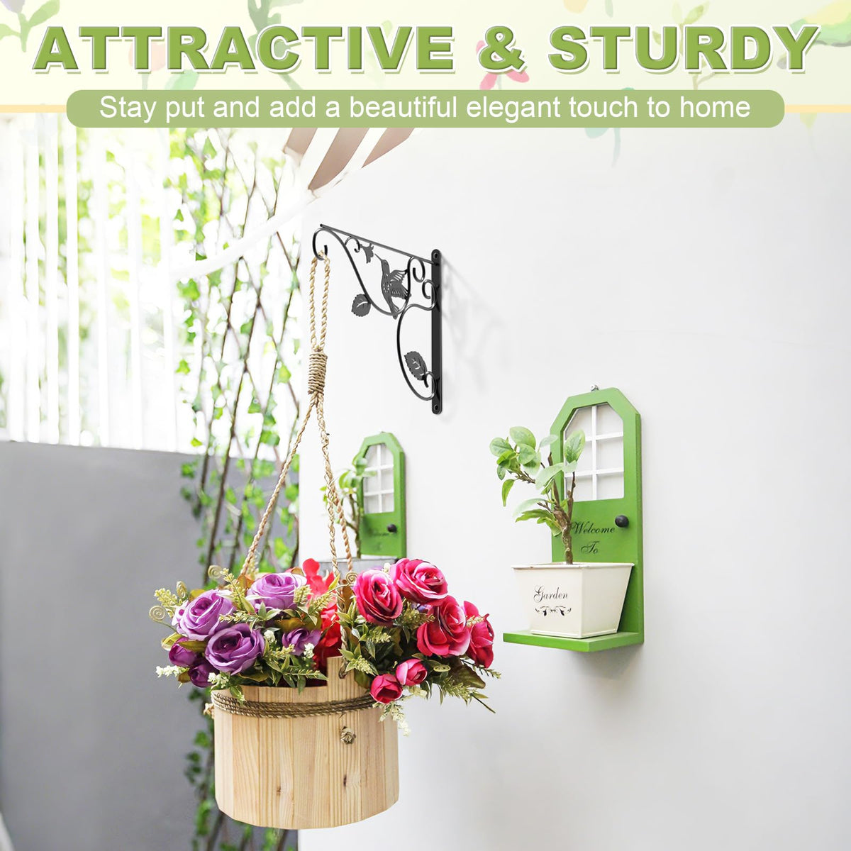 MEILIDY metal bracket with 30 lb capacity supports baskets and lanterns securely.