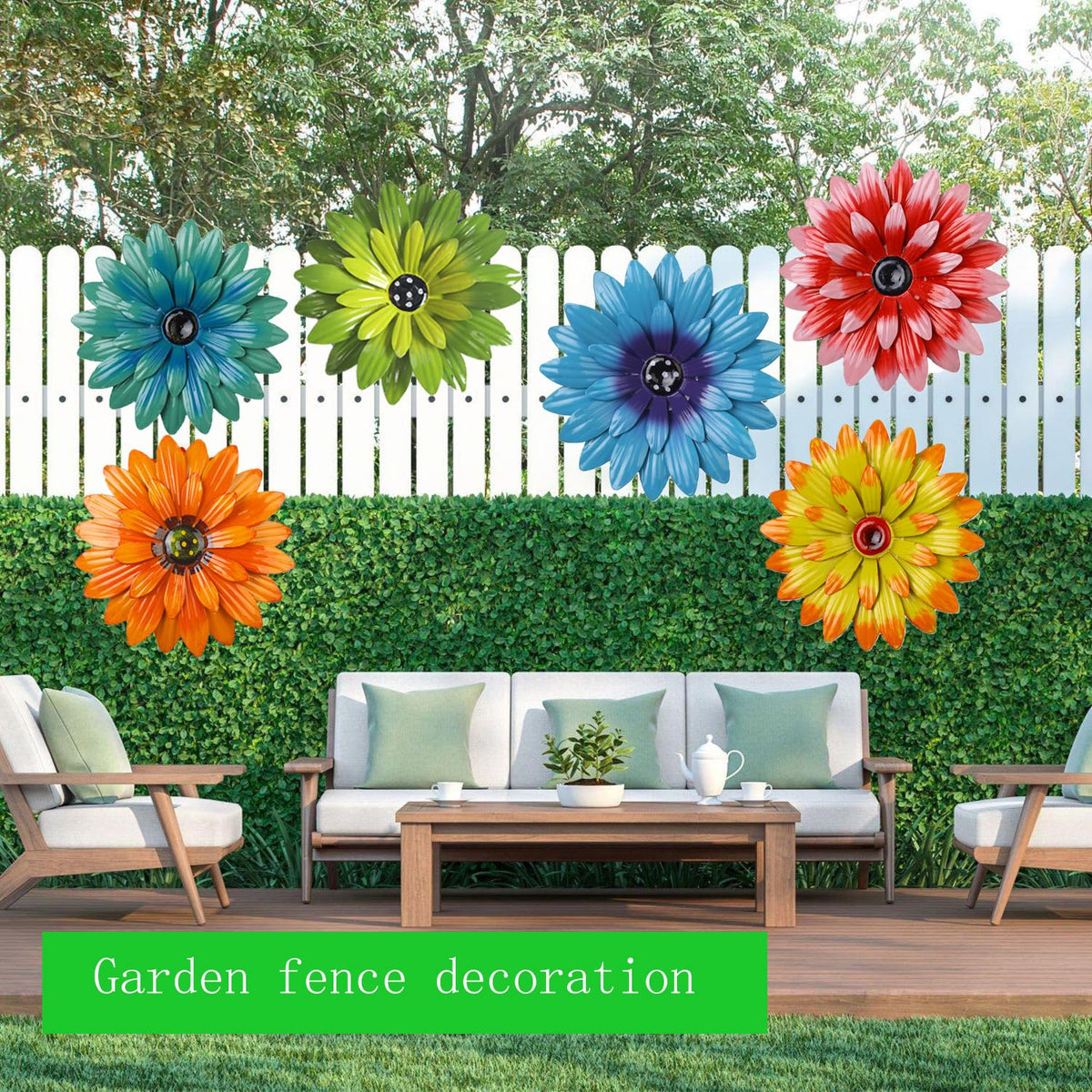 MEJENYY garden sunflowers metal art, durable hand-painted flowers for exterior walls.