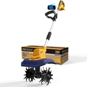 MekiPow cordless tiller showing battery compatibility with DeWalt 20V MAX for flexible power.