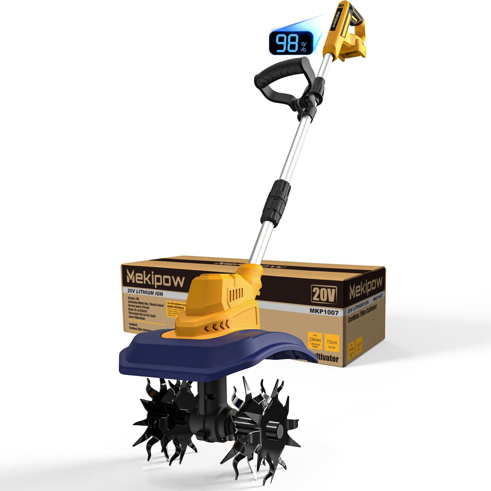 MekiPow cordless tiller showing battery compatibility with DeWalt 20V MAX for flexible power.