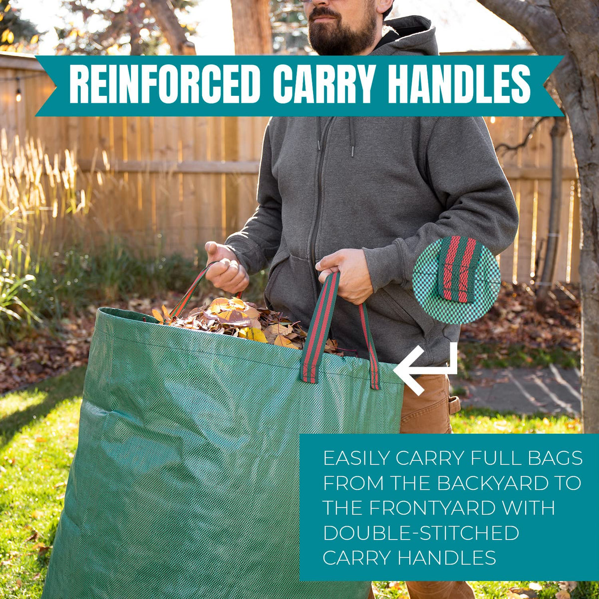 Four carry handles enable balanced transport of garden waste with MEKKAPRO bags.