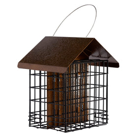 MEKKAPRO suet feeder outdoors with roof attracts woodpeckers and chickadees.