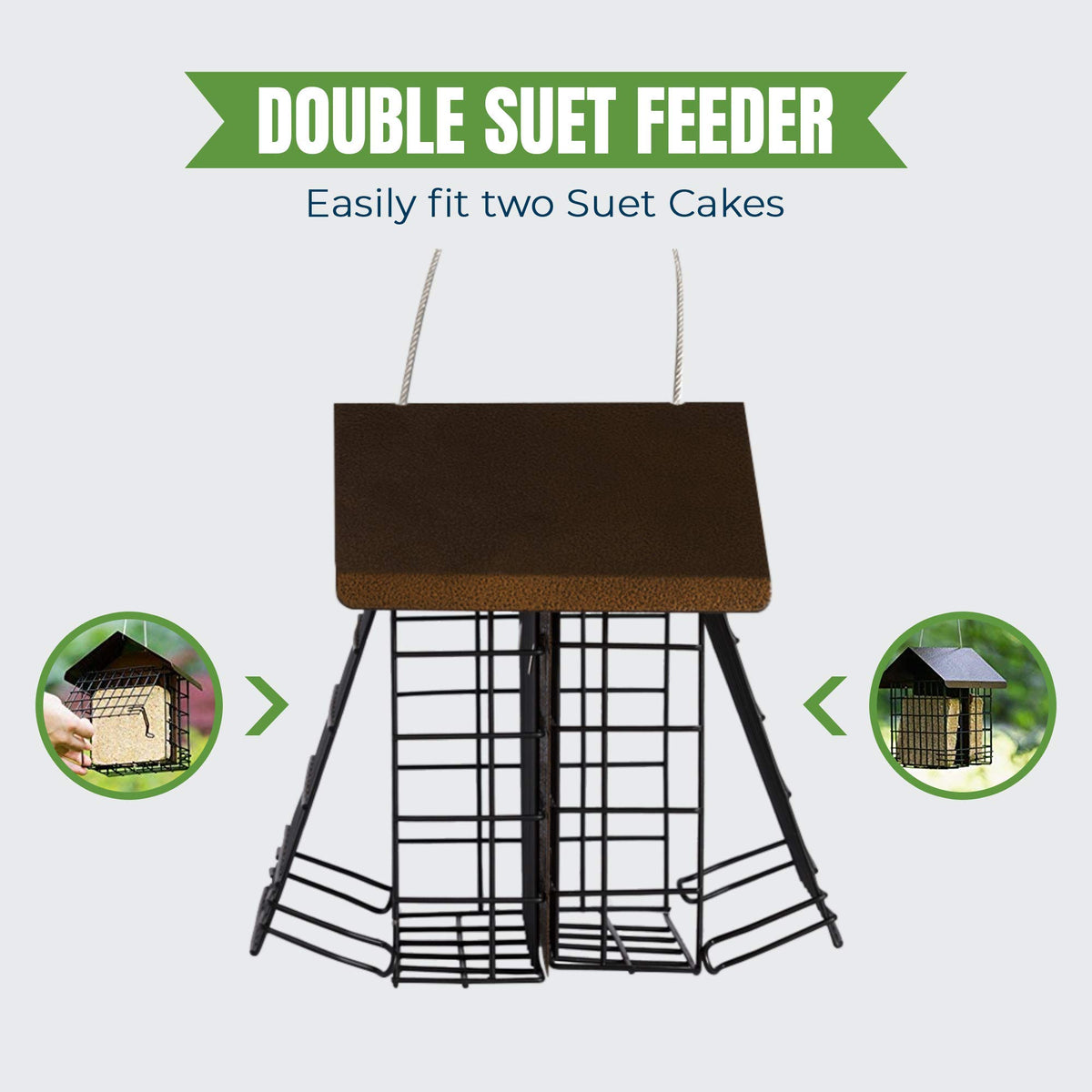 MEKKAPRO two-compartment feeder supports two foods for varied backyard birds.