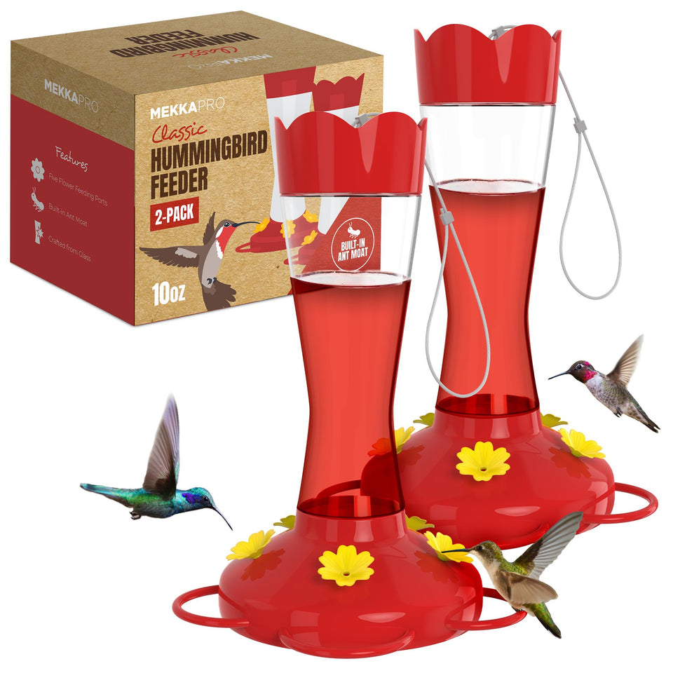 MEKKAPRO hummingbird feeder, red glass, front view, easy nectar monitoring.