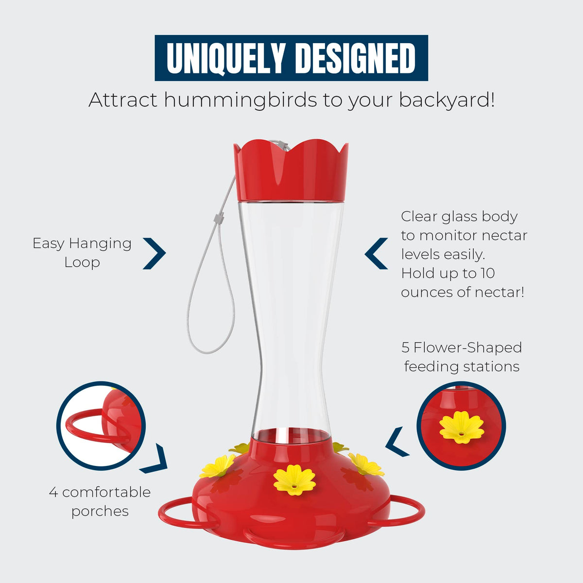 MEKKAPRO hummingbird feeder, red glass, side view, simple cleaning access.
