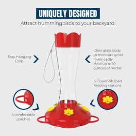 MEKKAPRO hummingbird feeder, red glass, side view, simple cleaning access.