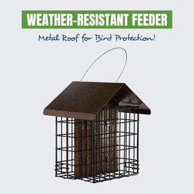 MEKKAPRO woodpecker feeder with cage hanger keeps suet safely accessible.