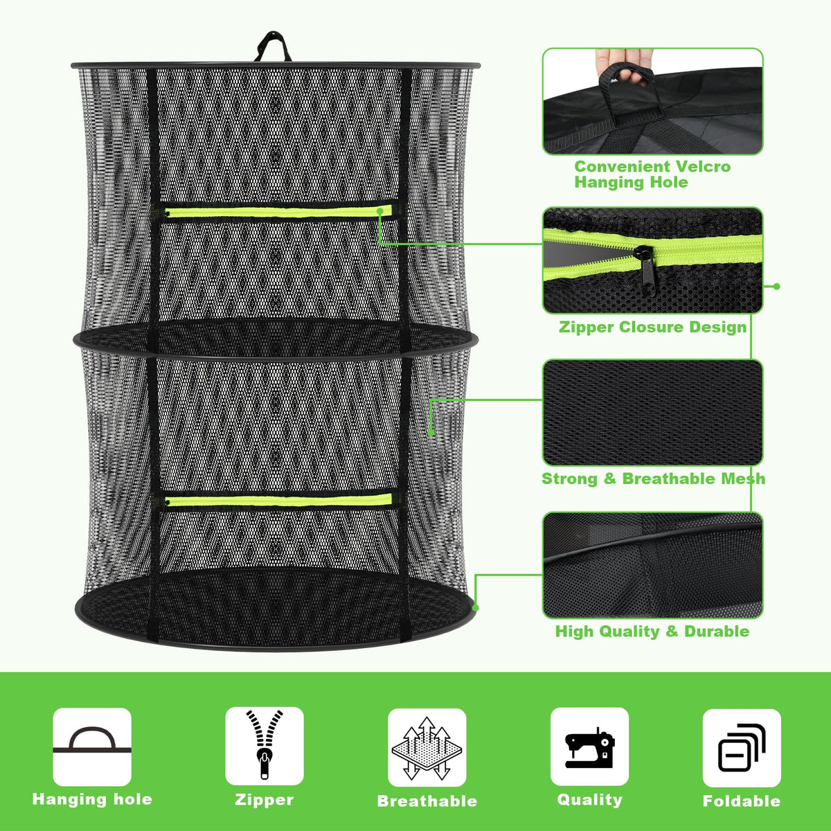 MEKOLIFE green zipper drying net close-up showing secure closure