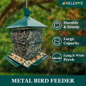 Meleave metal bird feeder featuring a squirrel-safety lock to protect seeds.