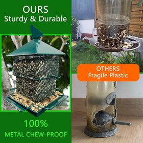 Meleave bird feeder with drainage and mesh to keep seeds fresher longer.