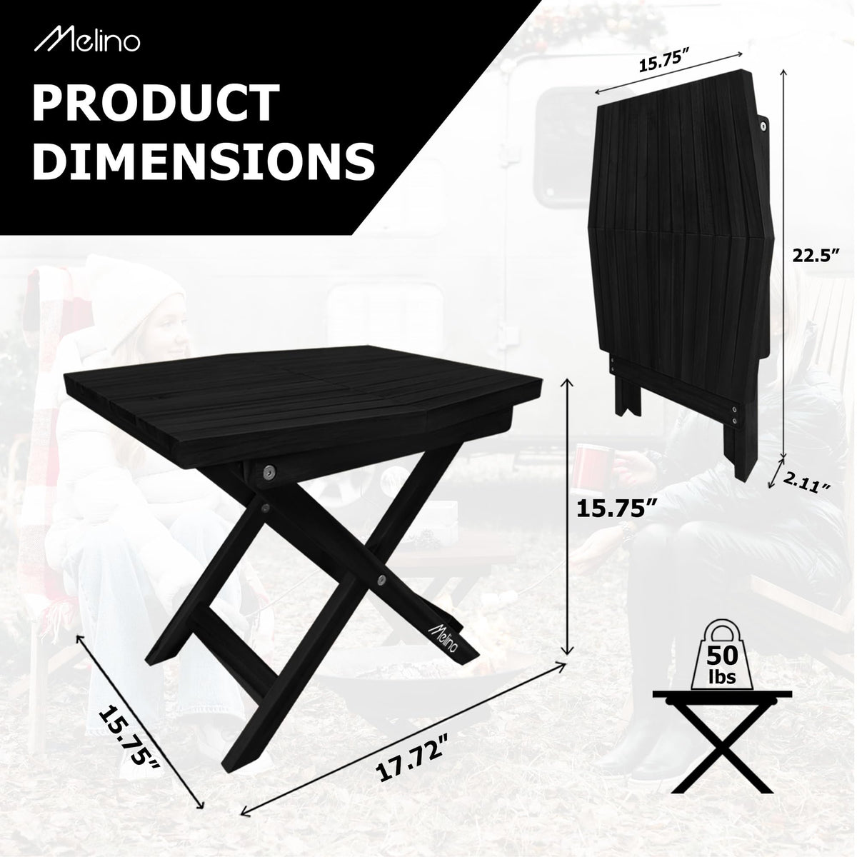 Melino wooden folding outdoor side table open top view with slatted surface