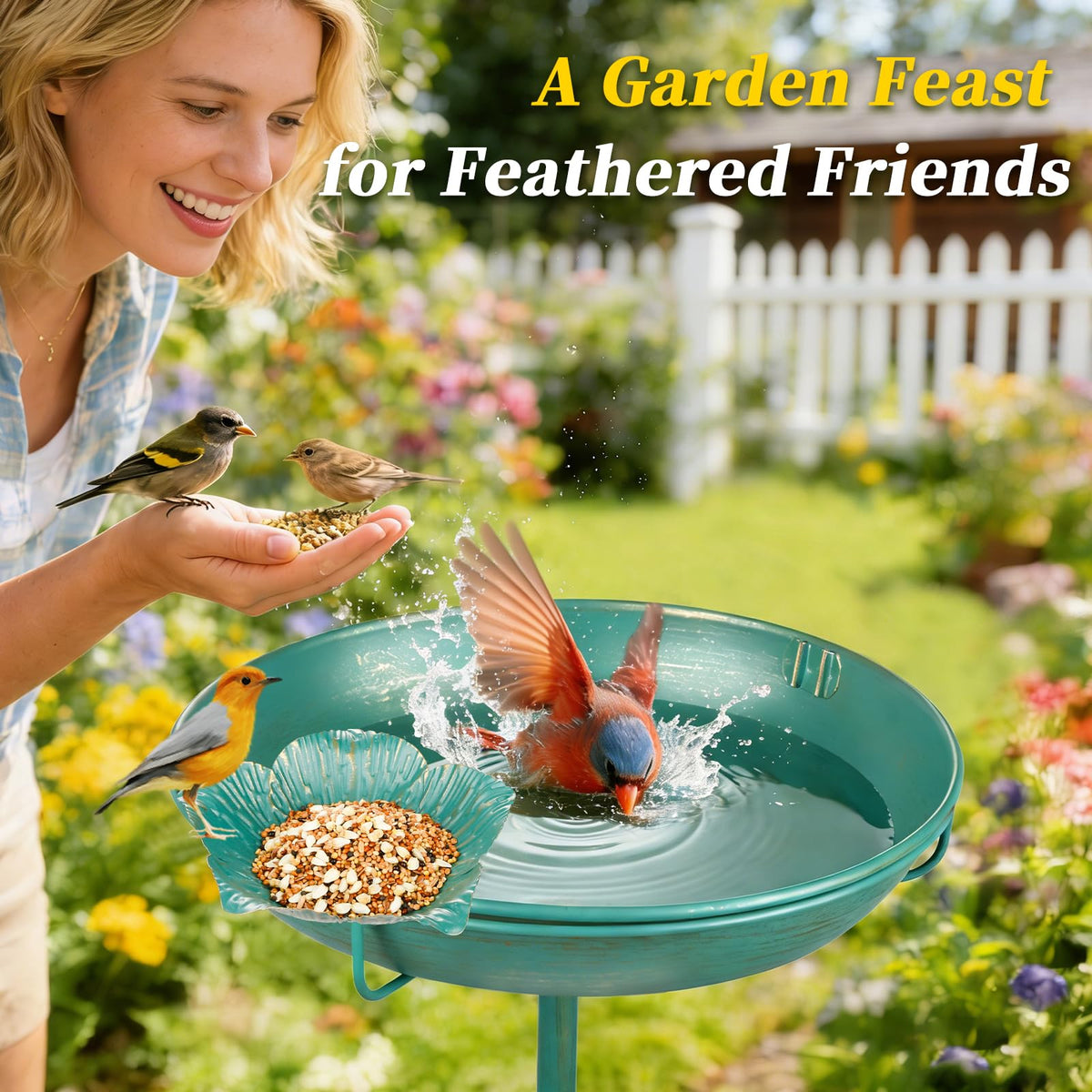 Mellbree bird-bath-basin-feeder-bowl demonstrates dual bath and feed features for visiting birds.