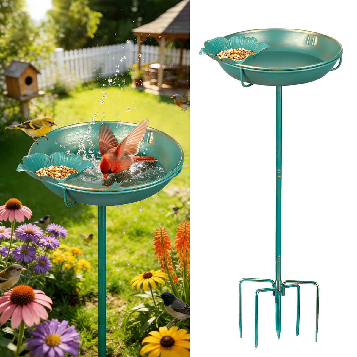 Mellbree metal bird bath with lake-blue gilding enhances garden elegance and rust resistance.