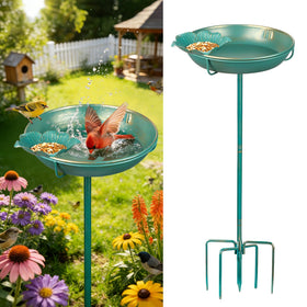Mellbree metal bird bath with lake-blue gilding enhances garden elegance and rust resistance.