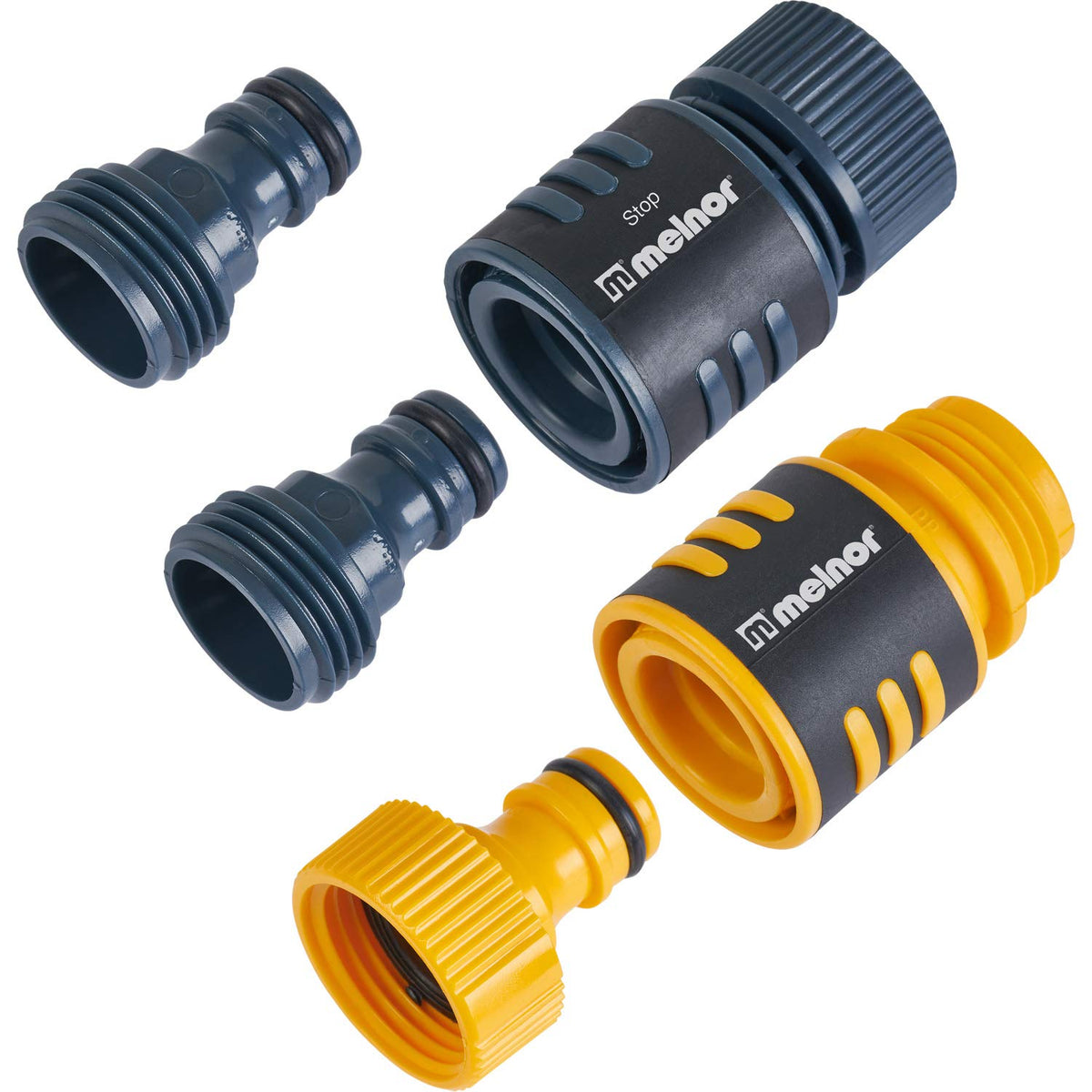 Melnor 5-pc quick-connect starter set components for easy hose setup